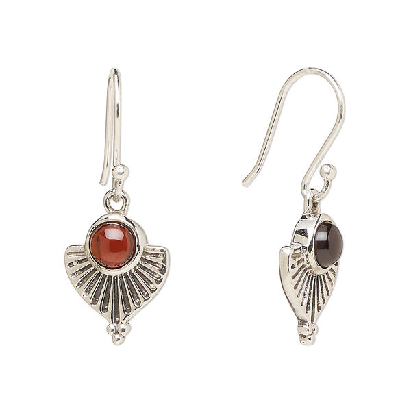 Ear wire, Create Compliments®, antiqued sterling silver and garnet (natural), fishhook, 28mm with 14x11.5mm single-sided fan, 21 gauge. Sold per pair. image number 0