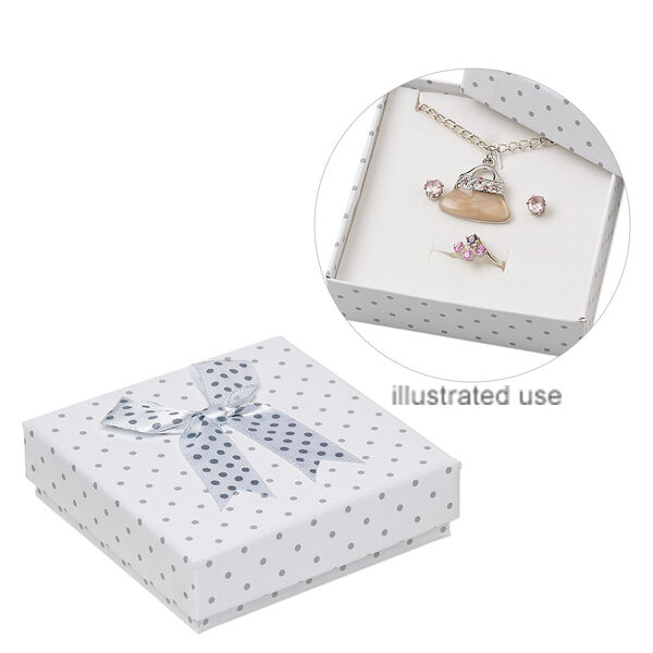 Gift box, cardboard / paper / leatherette / polyester / steel, white and grey, 3-1/2 x 3-1/2 x 1-inch square with polka dot design and bow. Sold per pkg of 12. image number 0