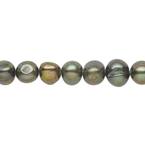 Pearl, cultured freshwater (dyed), dark green, 6-7mm semi-round with 0.4-0.6mm hole, D grade, Mohs hardness 2-1/2 to 4. Sold per 14-inch strand. image number 0