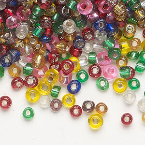 Seed bead mix, glass, pkg/50g, #6 square hole round, opaque and translucent silver-lined mixed colors.