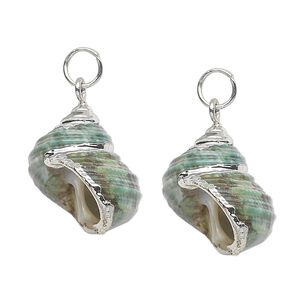 Drop, turban shell (natural) and silver-plated steel, green / brown / white, 27x21mm. Sold per pkg of 2.