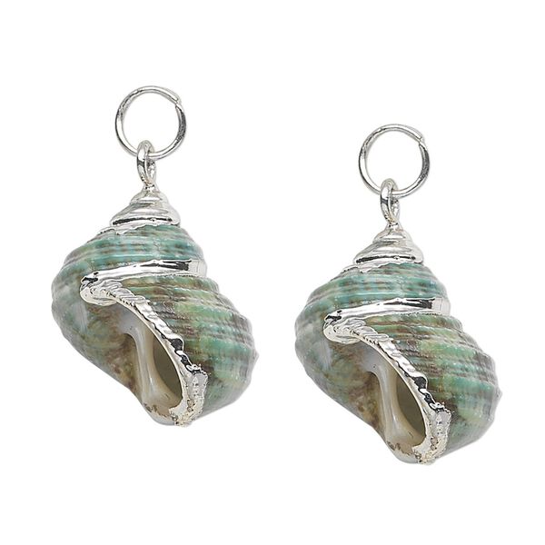 Drop, turban shell (natural) and silver-plated steel, green / brown / white, 27x21mm. Sold per pkg of 2. image number 0