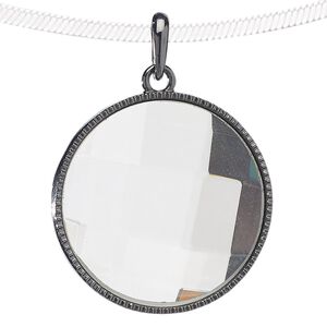Pendant, glass and gunmetal-finished "pewter" (zinc-based alloy), clear, 38mm flat round. Sold individually.
