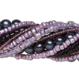 Bead assortment, glass, opaque to transparent light to dark purple, 3x1mm-6mm round and irregular rondelle. Sold per pkg of (8) 14-inch strands, approximately 1,200 beads.
