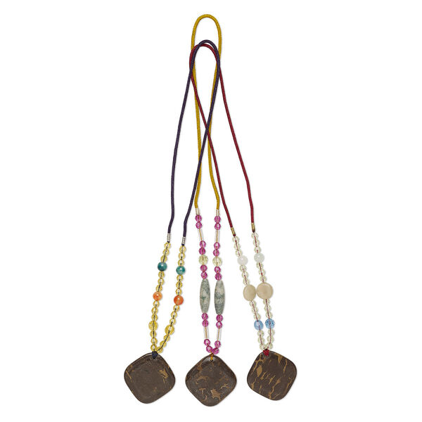 Necklace mix, portoro marble / multi-gemstone (natural / dyed) / nylon / acrylic / glass, multicolored, 43x43mm diamond, 20- to 24-inch continuous loop. Sold per pkg of 3. image number 0