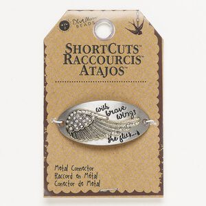 Focal, antique gold- and antique silver-finished brass and glass, clear, 42x23mm curved oval with wing and "with brave wings she flies" and 2 loops. Sold individually.