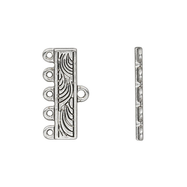 End bar, antique silver-finished "pewter" (zinc-based alloy), 21x5mm fancy rectangle, 5-strand. Sold per pkg of 10. image number 0