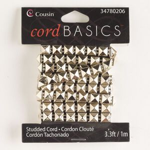 Cord, acrylic, gold, 6mm flat with square studs. Sold per pkg of 1 meter.
