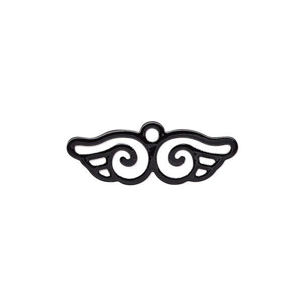 Charm, painted steel, black, 25x8mm wing with cutout. Sold per pkg of 10. image number 0