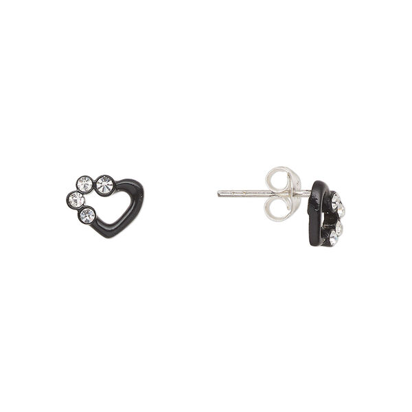 Earstud, Create Compliments®, sterling silver and crystal, black and clear, 8.5x6mm open heart. Sold per pair. image number 0