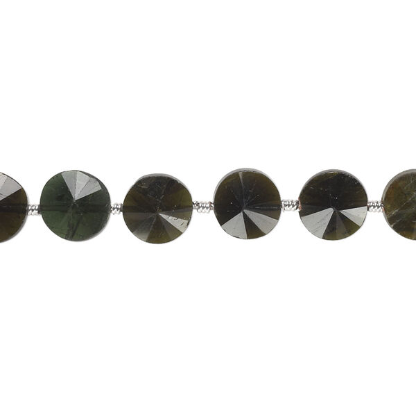 Bead, green tourmaline (natural), 6-8mm hand-cut faceted flat round, B+ grade, Mohs hardness 7 to 7-1/2. Sold per pkg of 12 beads. image number 0