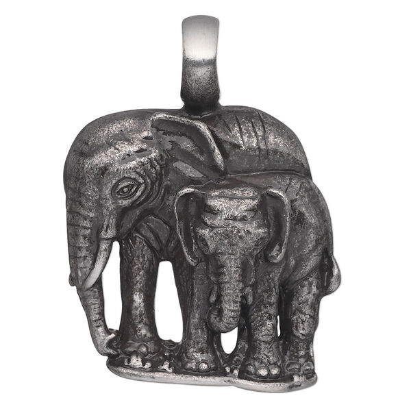 Pendant, antiqued "pewter" (zinc-based alloy), 40x31mm single-sided elephants. Sold individually. image number 0