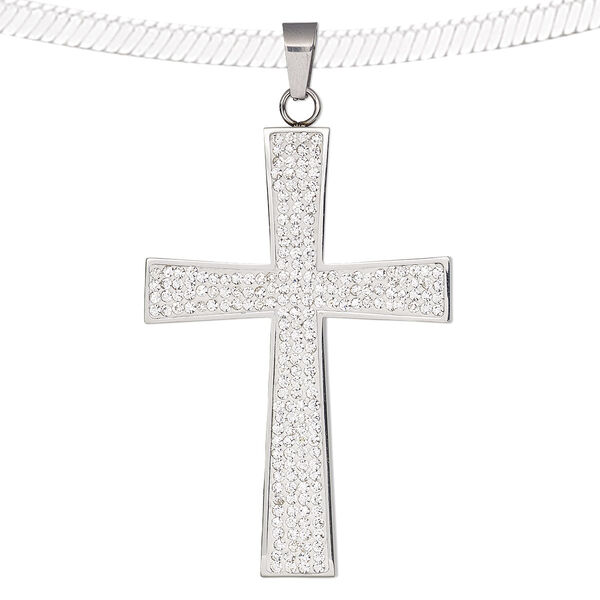 Pendant, epoxy / glass rhinestone / stainless steel, clear and white, 69x43mm single-sided cross. Sold individually. image number 0