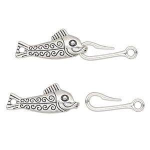Clasp hook 1pkg1 "pewter" (zinc alloy), 54x14mm fish / hook, antique silver-finished 1-strand