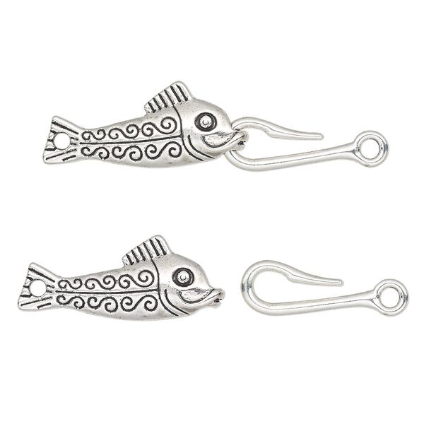 Clasp, hook, antique silver-finished "pewter" (zinc-based alloy), 54x14mm fish and hook. Sold individually. image number 0