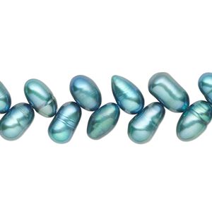 Pearl, cultured freshwater (dyed), teal, 8x5mm-11x6mm herringbone-drilled rice with 0.4-0.6mm hole, D grade, Mohs hardness 2-1/2 to 4. Sold per 14-inch strand.