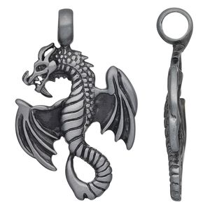 Pendant, Almost Jewelry™, "pewter" (zinc-based alloy), 53x34mm single-sided flying dragon. Sold individually.