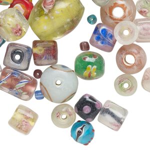 Bead mix, lampworked glass, translucent and transparent mixed colors, 8mm - 22x18mm mixed shapes. Sold per 4-ounce pkg, approximately 50 beads.