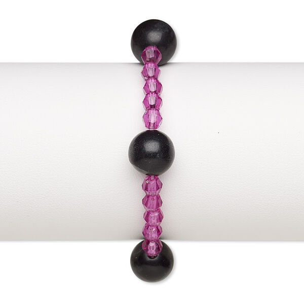 Bracelet, stretch, blackstone (dyed) and acrylic, purple, 5-6mm faceted round and 13mm round, 6-1/2 inches. Sold individually. image number 0