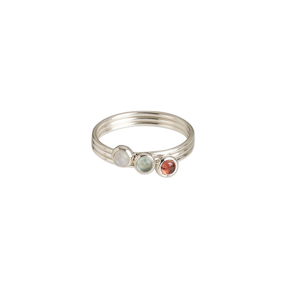 Ring, garnet / apatite / rainbow moonstone (natural) / sterling silver, 4.5mm wide, size 7. Sold per 3-piece set. image number 0