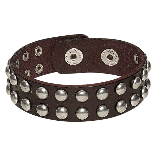 Bracelet, leather (dyed) and imitation rhodium-finished steel, dark brown, 20mm wide with flat studs, adjustable at 6 and 7 inches with snap closure. Sold individually. image number 0
