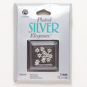 Bead, brass, pkg/12, silver plate, 6x2mm rondelle.