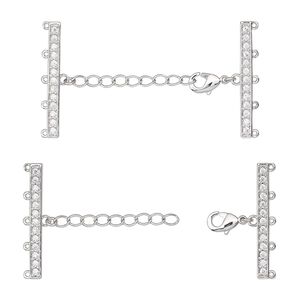 Clasp end bar 1pkg1 rhodium-plated, 49x28mm overall, brass / cubic zirconia clear 5-strand
