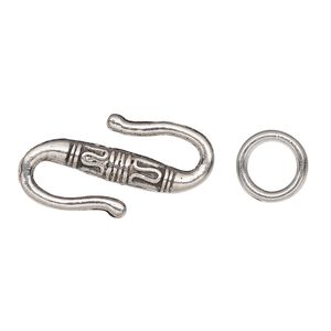 Clasp S-hook 1pkg10 "pewter" (zinc alloy), 22x12mm 2-sided / 9mm 16 gauge soldered jump ring, antique silver-finished 1-strand