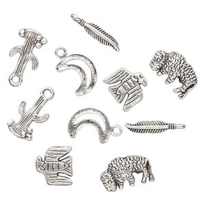 Bead and charm, antiqued silver-finished "pewter" (zinc-based alloy), 12x12mm-19x4mm assorted Southwest theme. Sold per pkg of 10.