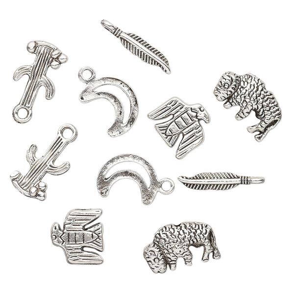 Bead and charm, antiqued silver-finished "pewter" (zinc-based alloy), 12x12mm-19x4mm assorted Southwest theme. Sold per pkg of 10. image number 0