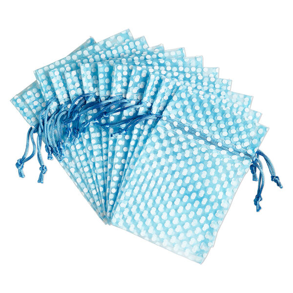 Pouch, organza, turquoise blue and white, 6x4 inches with dots pattern and drawstring closure. Sold per pkg of 12. image number 0