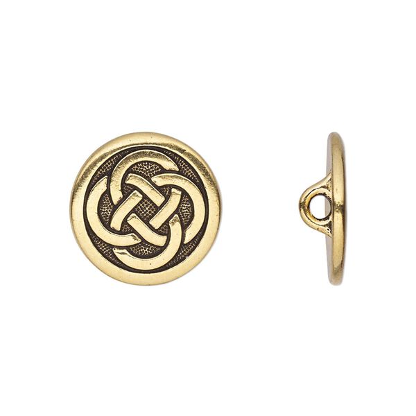 Button, TierraCast®, antique gold-plated pewter (tin-based alloy), 16mm flat round with Celtic knot and closed loop. Sold per pkg of 2. image number 0
