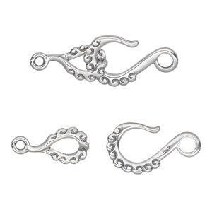 Clasp hook&eye 1pkg1 sterling silver, 23x11mm, antiqued JBB Findings 1-strand