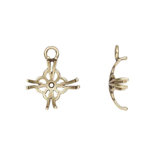 Drop, JBB Findings, antique brass-plated brass, 15mm round with 8-prong 12mm rivoli setting. Sold per pkg of 2. image number 0
