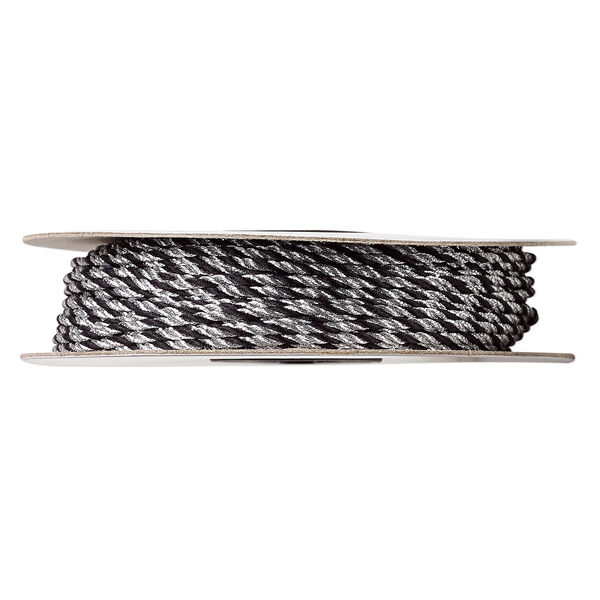 Cord, nylon, black and metallic silver, 2mm round. Sold per 100-foot spool. image number 0