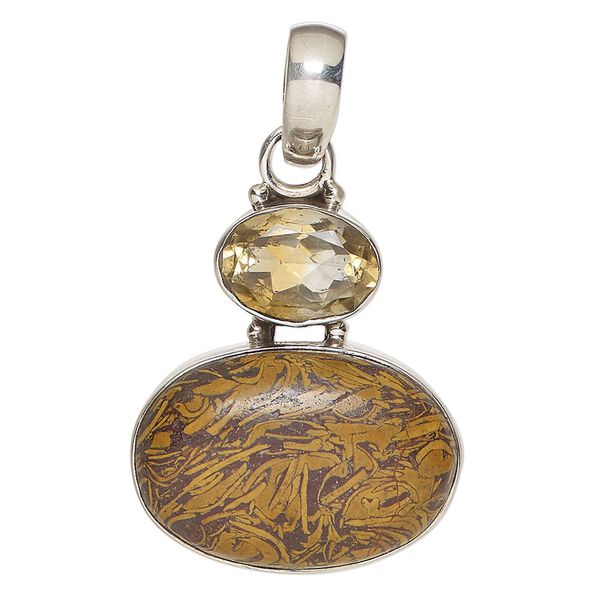 Pendant, chrysanthemum stone (natural) / citrine (heated) / sterling silver, 32x29mm oval. Sold individually. image number 0