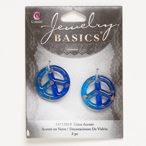 Component, lampworked glass, pkg/2, cobalt blue with copper-colored glitter, 25mm top-drilled peace sign. image number 0