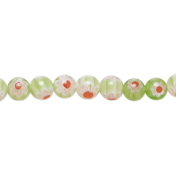 Bead, millefiori glass 1pkg1, translucent pale green / green / multicolored, 6mm round, 15 inches. image number 0