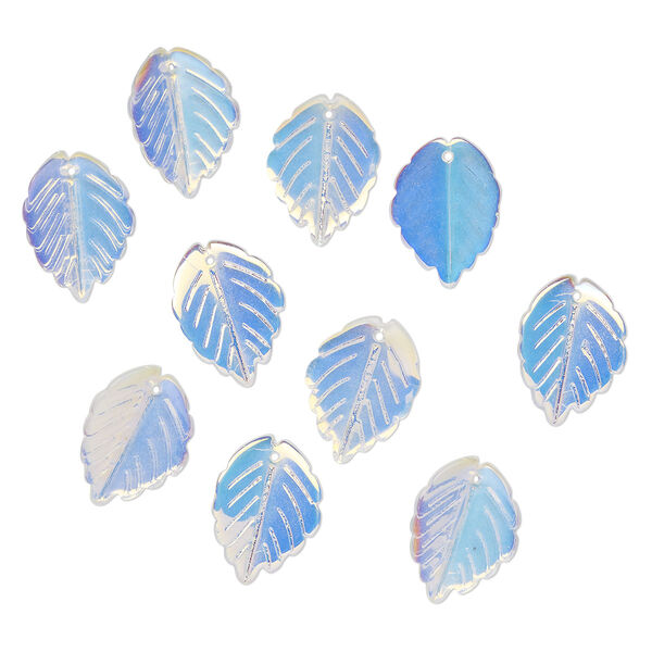 Drop, pressed glass, translucent clear AB, 24 x 17mm pressed leaf, top-drilled. top-drilled. Sold per pkg of 10. image number 0