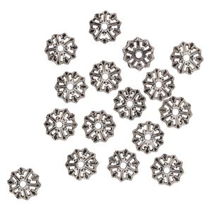 Bead cap, antique silver-finished "pewter" (zinc-based alloy), 14x6mm round with cutout design. Sold per pkg of 16.