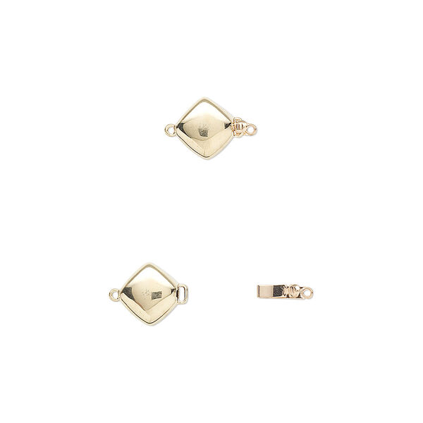 Clasp, tab with safety, 14Kt gold, 13x12.5mm smooth diamond. Sold individually. image number 0
