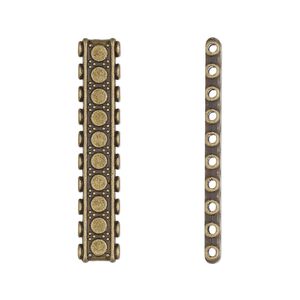 Spacer bar, antique brass-finished "pewter" (zinc-based alloy), 33x6mm 10-strand double-sided flat rectangle with beaded design, fits up to 3mm beads. Sold per pkg of 6.