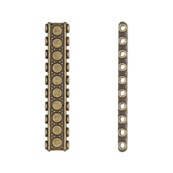 Spacer bar, antique brass-finished "pewter" (zinc-based alloy), 33x6mm 10-strand double-sided flat rectangle with beaded design, fits up to 3mm beads. Sold per pkg of 6. image number 0