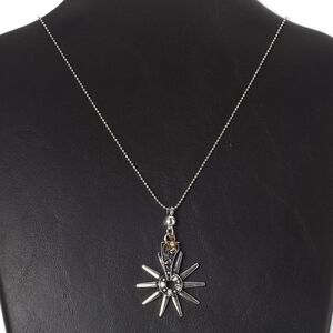 Necklace, Czech glass with antique silver-plated and gold-finished "pewter" (zinc-based alloy), clear, 2-inch dangle with 42x39mm spur, 31 inches with ball chain connector. Sold individually.