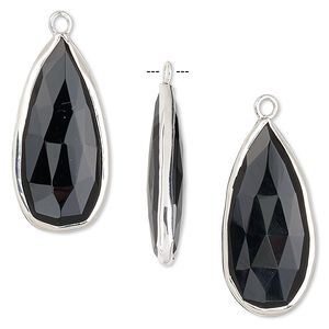 Drop, black onyx (dyed) and sterling silver, 27x12mm double-sided faceted teardrop. Sold per pkg of 2.