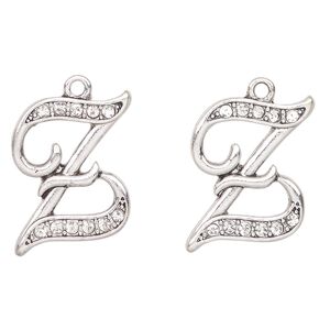 Charm, antique silver-finished "pewter" (zinc-based alloy) and glass, clear, 23x18mm letter "Z". Sold per pkg of 2.