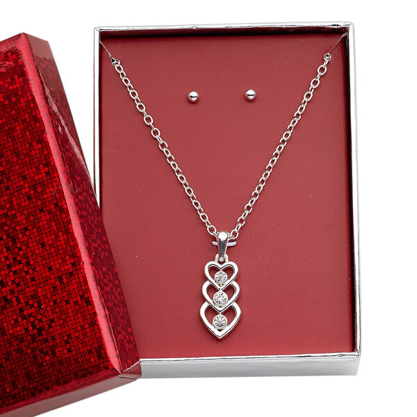 Necklace and earring set, glass rhinestone / silver-finished brass / steel / "pewter" (zinc-based alloy), clear, 22x11mm triple open heart, 15" to 16" necklace with 3-inch extender chain and lobster claw clasp, 3mm round with post. Sold per set. image number 0