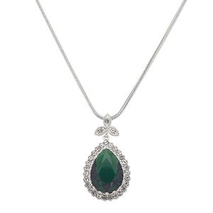 Necklace, Austrian crystal / glass / silver-plated brass, emerald green and clear, 36x20mm teardrop, 18 inches with 2-inch extender chain and lobster claw clasp. Sold individually.