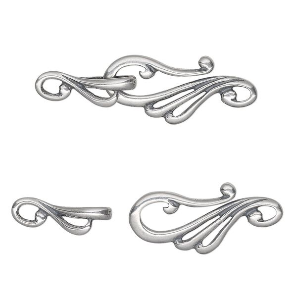 Clasp, hook-and-eye, antiqued sterling silver, 37.5x13mm swirl. Sold individually. image number 0