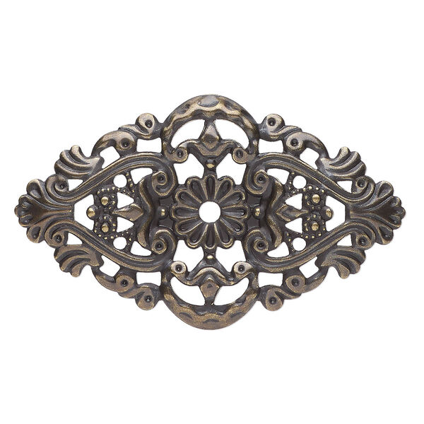 Focal, antique gold-plated steel, 59x35mm single-sided wavy flat oval with 3mm center hole. Sold per pkg of 6. image number 0